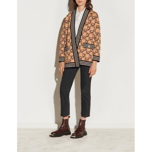SANDRO Ron Brown Black Reversible Oversized Jacquard Logo Cardigan - 1 (Small) - Picture 3 of 5